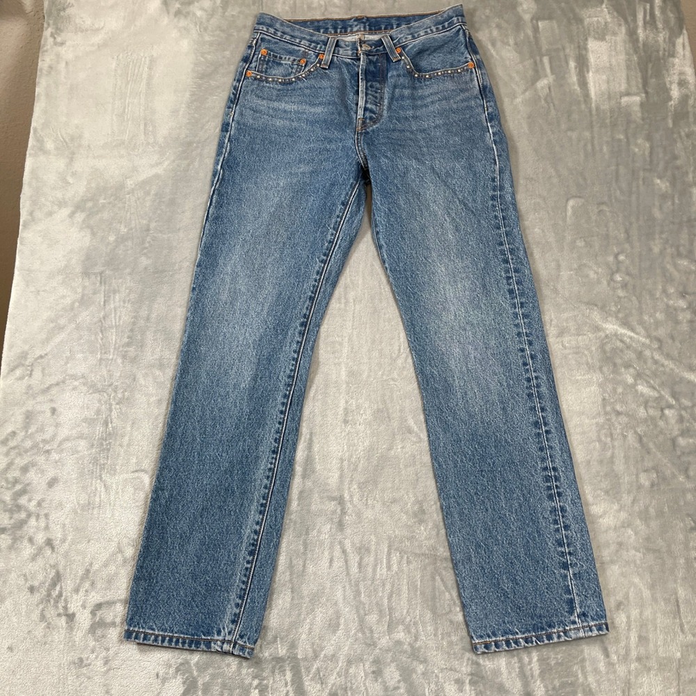 Levis 501 Original Fit Studded Straight Leg Jeans Medium Wash Blue W26 L30